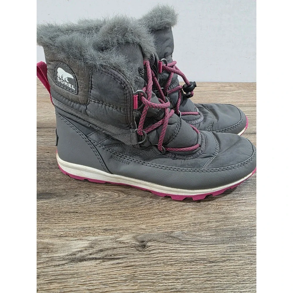 Sorel Youth Girls Pink Grey Whitney Nylon Snow Boots Faux Fur Lined Size 6